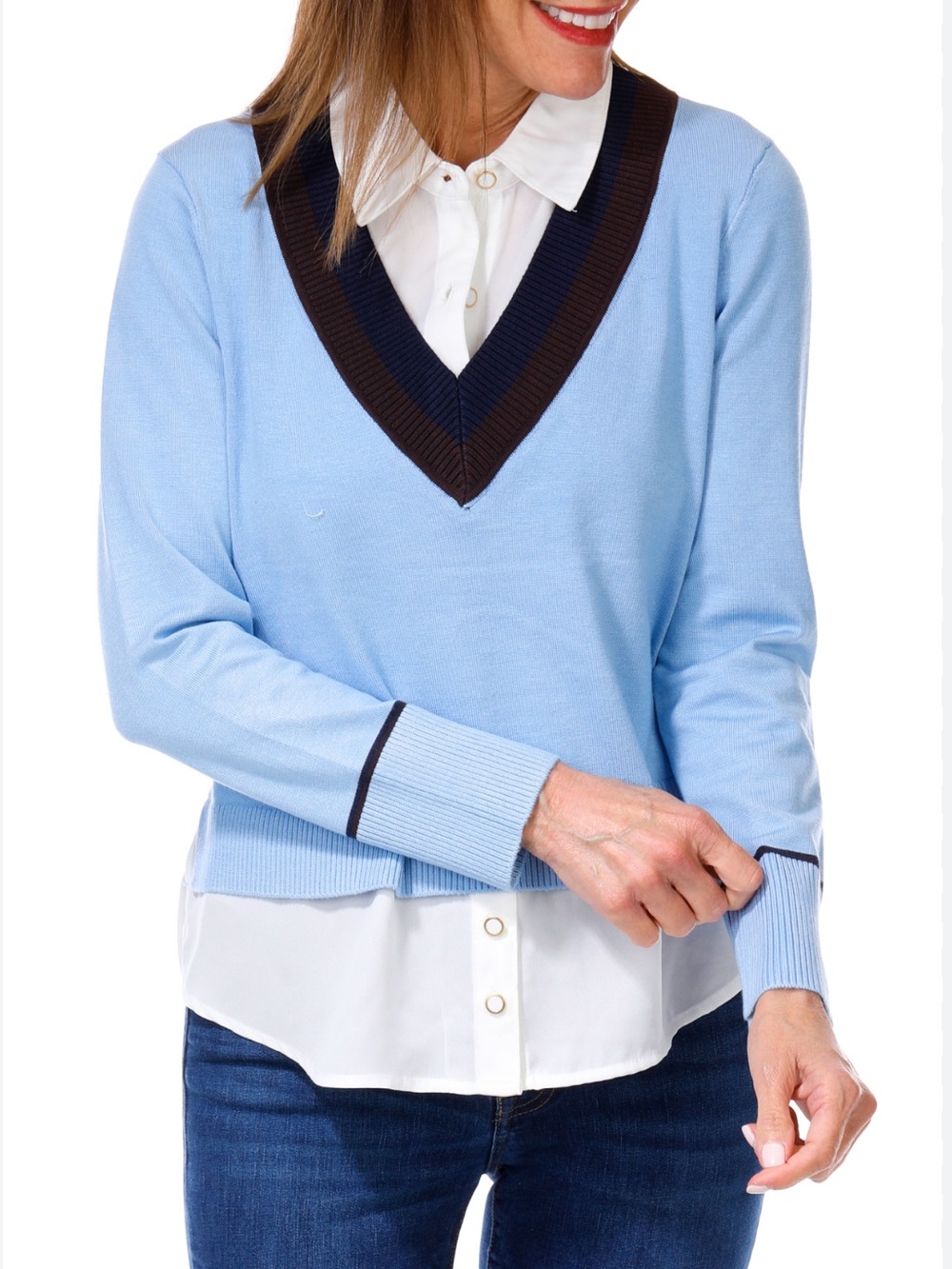 NWT Women's Rio & Rian Light Blue V-Neck 2‑Fer Knit Sweater Sizes PL & PXL